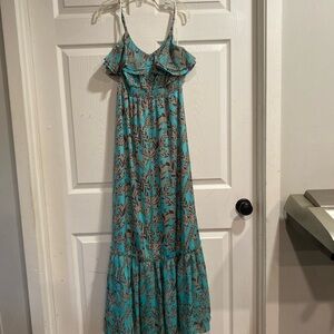 MM Couture Green and Blue Ruffled Empire Waist Sundress